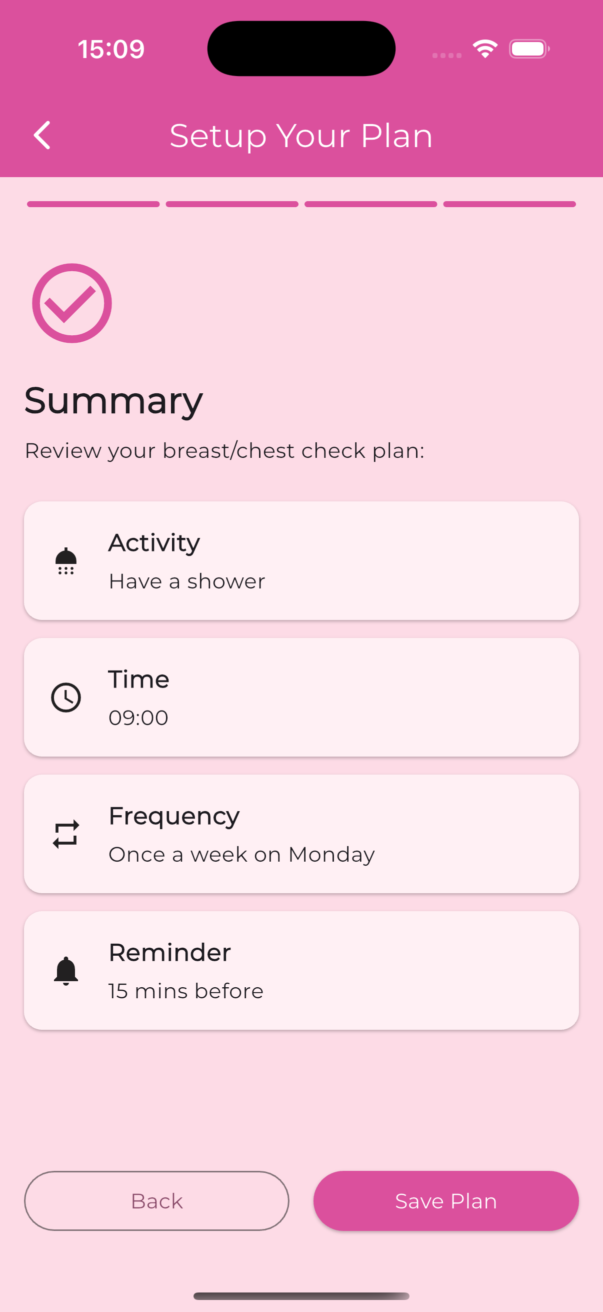 Boot Out Breast Cancer mobile app check-plan screen