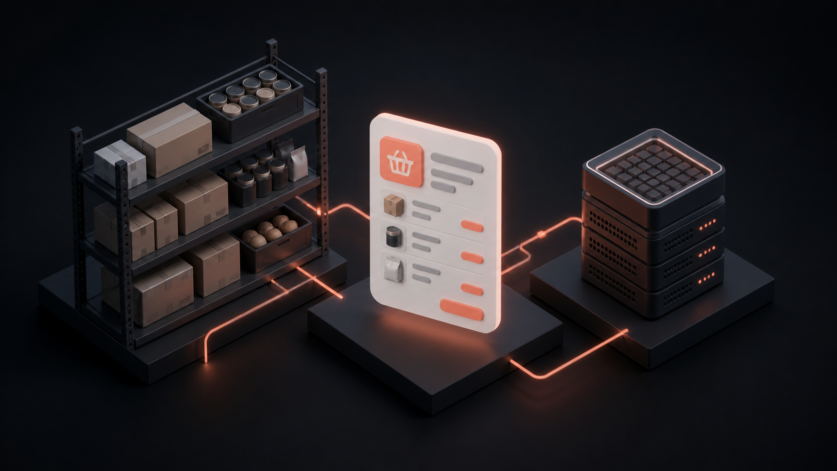 Illustration of warehouse inventory, online ordering and back-office order automation