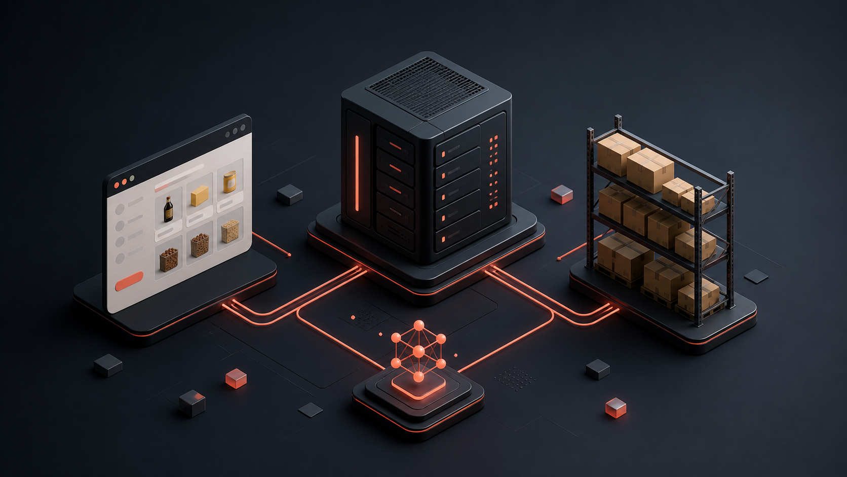 Illustration of an ERP connected to online ordering, warehouse systems and AI services