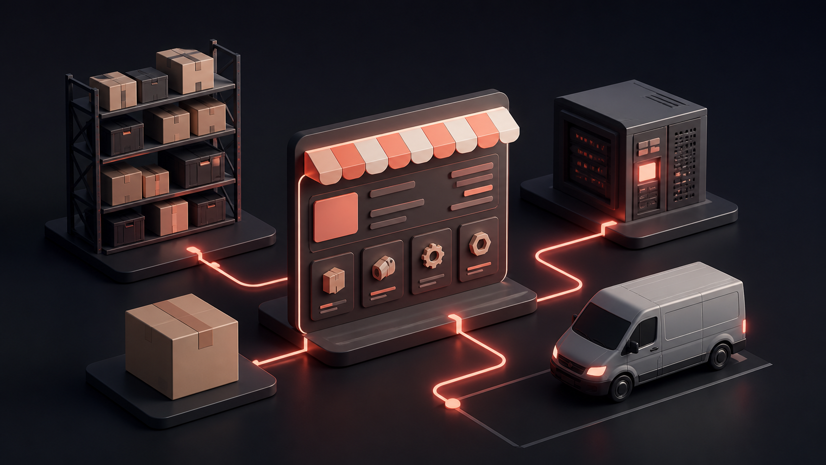 Illustration of connected inventory, online commerce and courier delivery systems