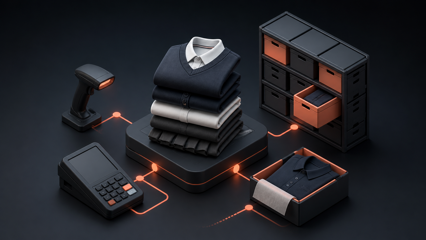 Illustration of anonymous schoolwear stock linked to scanning and point-of-sale tools