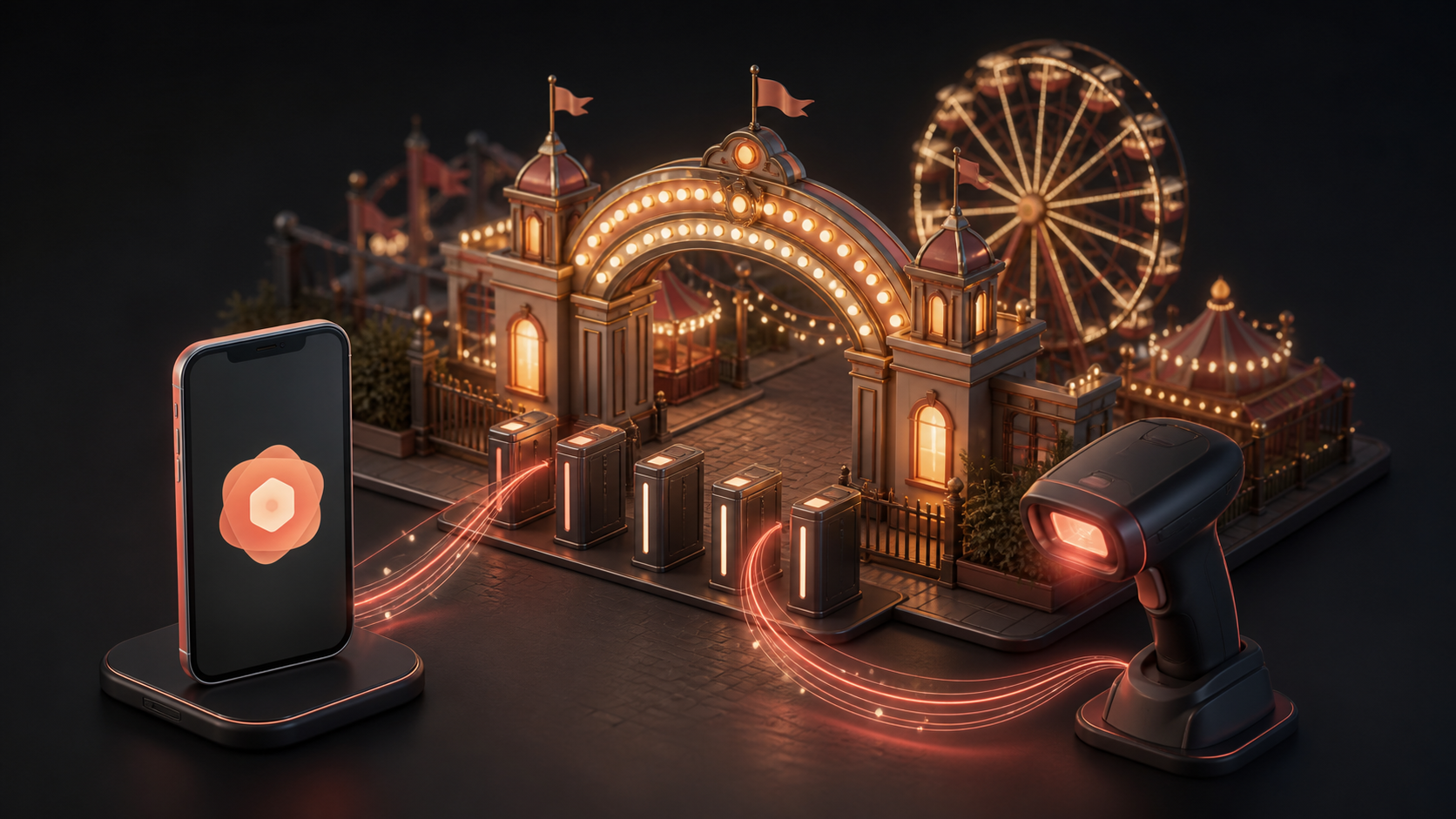 Illustration of a generic funfair entrance connected to a mobile token app and handheld scanner